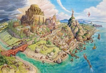 boat city cloud grandia grandia_xtreme koichi_noda ocean official_art railroad_tracks sand tagme train watercraft