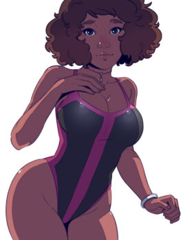 1girl armlet breasts brown_hair choker cleavage commentary cowboy_shot curly_hair dark-skinned_female dark_skin dave_cheung english_commentary extracurricular green_eyes hand_on_own_chest highleg highleg_one-piece_swimsuit highres jewelry kinsey_(extracurricular) large_breasts looking_at_viewer one-piece_swimsuit short_hair simple_background smile swimsuit thighs two-tone_one-piece_swimsuit white_background wide_hips