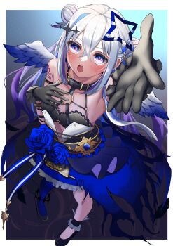 1girl absurdres amane_kanata amane_kanata_(another_world) arm_up armpits bare_shoulders black_choker black_gloves black_jacket black_sports_bra blue_hair blue_halo blue_wings choker collarbone commentary_request crossed_bangs gloves gradient_hair gradient_wings grey_hair hair_between_eyes halo heart highres hololive jacket jewelry long_hair looking_at_viewer looking_up mini_wings mitsu_3_33 multicolored_hair multicolored_wings necklace o-ring o-ring_choker official_alternate_costume parted_bangs parted_lips purple_eyes single_hair_intake smile solo sports_bra star_halo upper_body virtual_youtuber white_hair white_wings wings