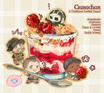 4boys beard black_hair black_shirt blue_eyes blue_shirt brown_pants bulletproof_vest call_of_duty call_of_duty:_modern_warfare_2 captain_price chibi chibi_only closed_eyes dark-skinned_male dark_skin dessert eating english_text facial_hair food fruit gaz_(call_of_duty_4) ghost_(modern_warfare_2) grey_pants hat headphones holding holding_food holding_spoon male_focus mask multiple_boys mustache open_mouth pants shirt short_hair skull_mask smile soap_(modern_warfare_2) spoon strawberry tintoxtinto