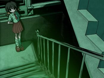 1girl arms_behind_back black_eyes black_hair collared_shirt dark hashtag-only_commentary highres indoors kaai_yuki looking_at_viewer loose_socks low_twintails miniskirt necktie pleated_skirt red_necktie red_shoes red_skirt shirt shoes short_sleeves short_twintails skirt sn_(sn_utu00) socks solo stairs standing twintails vocaloid white_shirt white_socks wide_shot