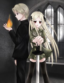 1boy 1girl 2000s_(style) absurdres aeris_eriethil alastor_(shakugan_no_shana) aranmil_eriethil black_ribbon blonde_hair brother_and_sister cosplay crossover curtained_hair derivative_work flat_chest green_shirt green_skirt hair_ribbon hetero highres holding holding_sword holding_weapon incest long_hair looking_at_viewer middle_part non-web_source original pleated_skirt pointy_ears pose_imitation red_eyes reincarnation ribbon sailor_collar sakai_yuuji sakai_yuuji_(cosplay) school_uniform self-upload serious shakugan_no_shana shana shana_(cosplay) shirt siblings skirt soliturnia sword thighhighs vampire weapon