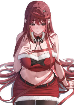 1girl absurdres akane_lize arm_support bare_shoulders belt black_belt black_bow black_eyeshadow black_pantyhose black_ribbon blush bow breasts choker cleavage closed_mouth commentary crop_top english_commentary eyeshadow fur-trimmed_choker fur-trimmed_skirt fur_trim hair_between_eyes hair_ornament hairclip hand_on_own_chest hand_up highres katrinabluuuuu large_breasts long_hair looking_at_viewer makeup midriff miniskirt mole mole_on_cheek multicolored_hair nail_polish navel neck_ribbon pantyhose pink_nails red_choker red_hair red_pupils red_ribbon red_skirt ribbon santa_costume simple_background sitting skirt solo stellive streaked_hair thighs very_long_hair virtual_youtuber white_background