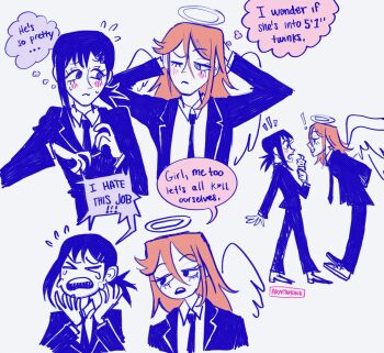 ! >_< 1boy 1girl akatsukink angel_devil_(chainsaw_man) angel_wings arm_behind_head black_hair black_necktie black_suit blush chainsaw_man crying english_text food formal_clothes from_side full_body grey_background hair_ornament hairclip halo hands_up higashiyama_kobeni high_collar highres ice_cream implied_suicide leaning_forward limited_palette looking_at_another looking_to_the_side medium_hair multiple_views necktie open_mouth red_hair shirt simple_background single_sidelock sketch speech_bubble standing suit teeth thought_bubble upper_body upper_teeth_only white_shirt wings