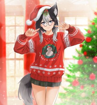 1girl animal_ear_fluff animal_ears black_hair blue_eyes christmas christmas_lights christmas_ornaments christmas_tree commentary commission english_commentary fingernails glasses hat highres indoors ko_winters long_sidelocks medium_hair merry_christmas mistletoe mole mole_under_eye multicolored_hair original pointing pointing_at_self round_eyewear samsam_s2s santa_costume santa_hat second-party_source sidelocks smug tail white_streaks wolf_ears wolf_girl wolf_tail