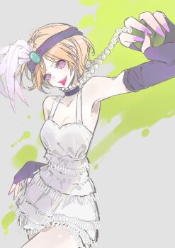 Rule 34 | 1girl, arm warmers, bity3155660241, black arm warmers, black choker, black headband, blonde hair, breasts, character request, choker, cleavage, collarbone, commentary, copyright request, cowboy shot, dress, eyelashes, feather hair ornament, feathers, fringe trim, gem, gem hair ornament, green gem, grey background, hair ornament, hashtag-only commentary, head tilt, headband, highres, jewelry, looking at viewer, nail polish, necklace, necklace pull, paint splatter, parted bangs, pearl necklace, pink eyes, pink lips, pulling own clothes, purple nails, short dress, short hair, simple background, sleeveless, sleeveless dress, small breasts, smile, solo, teeth, thighs, tongue, upper teeth only, v-shaped eyebrows, white dress