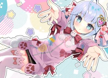 Rule 34 | 1girl, ahoge, black skirt, blue eyes, blue hair, bow, bow print, bowtie, candy print, cat ornament, charlotte suzu, cherry hair ornament, commentary, commission, double bun, earrings, english commentary, flower, food-themed hair ornament, food print, fuuna thise, hair bow, hair bun, hair flower, hair ornament, hair ribbon, heart, heart hair ornament, hood, hooded jacket, jacket, jewelry, lollipop print, long sleeves, multiple hair bows, paw print, pink flower, pink jacket, pink ribbon, pleated skirt, pom pom (clothes), pom pom earrings, production kawaii, reaching, reaching towards viewer, red bow, red bowtie, ribbon, skeb commission, skirt, solo, star (symbol), thighhighs, virtual youtuber, white thighhighs, zettai ryouiki