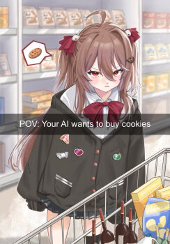 1girl ahoge alcohol bag_of_chips black_cardigan bottle bow bowtie broken_heart broken_heart_hair_ornament brown_hair cardigan commentary cookie cup drinking_glass english_commentary english_text evil_neuro-sama evil_neuro-sama_(1st_costume) food food_packaging groceries hair_between_eyes hair_ornament hair_ribbon heart heart_hair_ornament highres indoors long_hair long_sleeves meichuu_illust neuro-sama red_eyes red_ribbon ribbon shelf shirt shopping shopping_cart skirt snapchat solo speech_bubble spoken_object supermarket two_side_up vedal_ai virtual_youtuber wine wine_bottle wine_glass