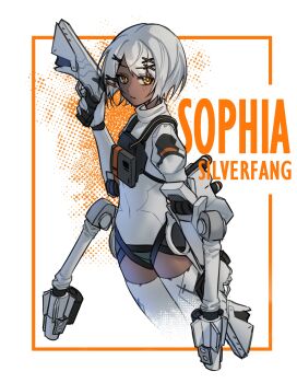 1girl bodysuit c0ffeenn dark-skinned_female dark_skin extra_arms flat_chest freckles grey_bodysuit grey_hair grey_tail gun hair_ornament handgun highres holding holding_gun holding_weapon looking_at_viewer mechanical_arms medium_hair orange_eyes petite punishing:_gray_raven solo sophia:_silverfang_(pgr) sophia_(pgr) weapon x_hair_ornament
