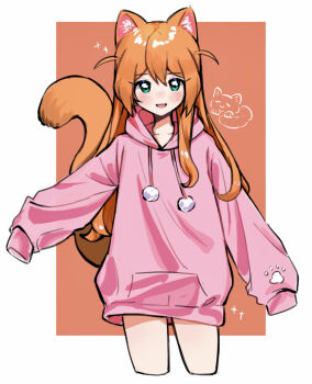 Rule 34 | 1girl, animal ears, baba konomi, blush, brown hair, cat ears, cat tail, commentary, cropped legs, drawstring, green hair, hair down, highres, hood, hood down, hoodie, idolmaster, idolmaster million live!, kemonomimi mode, long hair, long sleeves, looking at viewer, open mouth, orange background, pink hoodie, pom pom (clothes), pom pom drawstring, sleeves past fingers, sleeves past wrists, smile, solo, sparkle, standing, tail, two-tone background, two side up, vnekov, white background