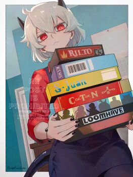 1girl absurdres black_nails commission demon_girl demon_horns demon_tail fingernails helltaker highres holding horns looking_at_viewer malina_(helltaker) nail_polish noah_(tettsui-sole) red_shirt shirt skeb_commission solo tail