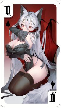 Rule 34 | 1girl, absurdres, animal ear fluff, animal ears, black dress, black nails, black thighhighs, breasts, card, cleavage, dress, fur-trimmed dress, fur trim, grey hair, hair between eyes, highres, horns, indie virtual youtuber, jewelry, kneeling, long hair, mole, mole under eye, necklace, open mouth, playing card, queen (playing card), queen of spades (playing card), raynel tm, red eyes, red horns, red wings, shadow, solo, sussy sonia, tail, thighhighs, virtual youtuber, wings, wolf ears, wolf girl, wolf tail