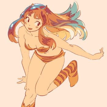 1girl 55bata6rou animal_print bikini blush breasts cleavage cone_horns fang floating_hair highres horns leaning_forward limited_palette long_hair looking_to_the_side lum medium_breasts navel oni open_mouth orange_hair pointy_ears print_bikini print_boots simple_background small_horns smile solo standing standing_on_one_leg strapless strapless_bikini swimsuit tiger_print urusei_yatsura yellow_bikini