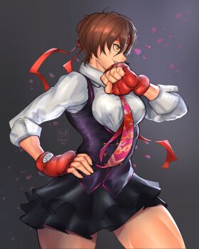 1girl artist_request black_skirt black_vest brown_hair capcom female_focus fingerless_gloves gloves hand_on_own_hip headband highres kasugano_sakura red_gloves red_headband red_ribbon ribbon shirt short_hair skirt solo street_fighter street_fighter_v teeth vest white_shirt wiping_mouth yellow_eyes