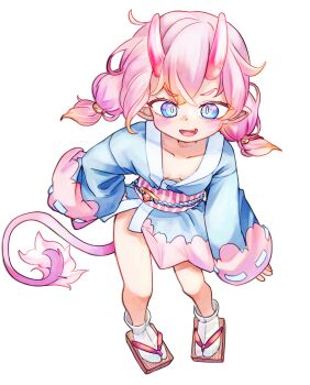 1girl blue_eyes breasts chaosexceed commentary fang full_body geta highres horns japanese_clothes original paid_reward_available pink_hair simple_background small_breasts solo tail variant_set white_background