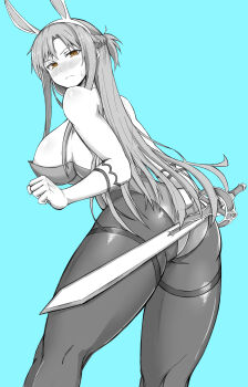 >:( 1girl absurdres animal_ears areola_slip asuna_(bunny)_(blue_archive)_(cosplay) asuna_(sao) bareback blue_archive blue_background blush braid breasts cosplay elbow_gloves fake_animal_ears female_focus from_below gloves greyscale highres large_breasts long_hair looking_at_viewer monochrome name_connection nipple_slip nipples pantyhose playboy_bunny rabbit_ears rabbit_tail sideboob solo sword sword_art_online tail titania_(sao) tomatsu_haruka upper_body v-shaped_eyebrows weapon winterbigfoot