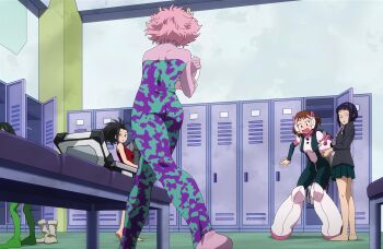 Rule 34 | 6+girls, absurdres, ashido mina, ass, ass focus, asui tsuyu, bare legs, bare shoulders, barefoot, black bodysuit, black eyes, black hair, black shirt, blue bodysuit, blush, blush stickers, bodysuit, boku no hero academia, boots, breasts, brown eyes, brown hair, chair, changing clothes, collared shirt, colored skin, curly hair, embarrassed, feet, from behind, full body, green bodysuit, green hair, green skirt, hagakure toru, headgear, highres, horns, indoors, jiro kyoka, large breasts, legs, leotard, locker, locker room, long hair, long sleeves, looking back, medium breasts, medium hair, miniskirt, multicolored bodysuit, multiple girls, open mouth, pink bodysuit, pink boots, pink hair, pink skin, pleated skirt, ponytail, purple bodysuit, purple hair, red leotard, school uniform, shirt, short hair, skirt, sleeveless, superhero costume, thighs, tight clothes, toes, two-tone bodysuit, u.a. school uniform, undressing, uraraka ochako, white boots, yaoyorozu momo