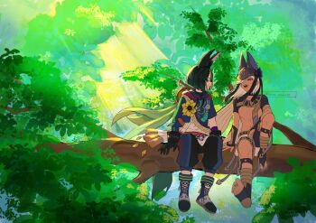 2boys abs animal_ears black_gloves closed_mouth cyno_(genshin_impact) genshin_impact gloves highres in_tree leaf looking_at_another multiple_boys open_mouth red_eyes same_zame218 sitting sitting_in_tree tail teeth tighnari_(genshin_impact) tree