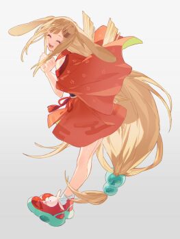 1girl :d ^_^ absurdres animal_ears brown_hair chou_kaguya-hime! closed_eyes commentary crescent crescent_hair_ornament egasumi floppy_ears fua1heyvot4ifsr full_body gradient_background hair_ornament highres japanese_clothes kaguya_(chou_kaguya-hime!) kimono long_hair open_mouth rabbit_ears rabbit_girl red_kimono shoes short_kimono simple_background smile sneakers socks solo sphere_hair_ornament teeth upper_teeth_only very_long_hair white_socks