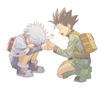 2boys backpack bag black_hair blush boots closed_eyes commentary_request embarrassed from_side full_body gon_freecss goodkids_1 green_boots green_shorts grey_shorts heart hunter_x_hunter killua_zoldyck long_sleeves male_focus multiple_boys short_hair shorts simple_background spoken_heart squatting thumb_kiss white_background white_hair yaoi