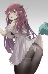 Rule 34 | !?, 1girl, absurdres, artist name, ass, black pantyhose, blue eyes, blush, breasts, clothes lift, cowboy shot, dated, dress, dress lift, empire waist, frilled dress, frills, from behind, gradient background, grey background, hakos baelz, halo, heterochromia, highres, hololive, hololive english, horns, irys (casualrys) (hololive), irys (hololive), large breasts, long hair, looking at another, looking back, open mouth, panties, panties under pantyhose, pantyhose, pointy ears, red eyes, red hair, sleeveless, sleeveless dress, solo focus, thighband pantyhose, underwear, vanillafox2035, white background, white dress, white panties