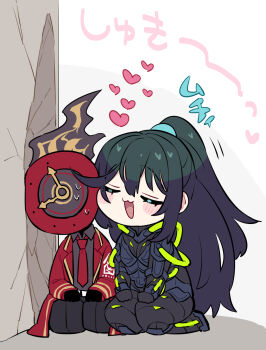 Rule 34 | 1boy, 1other, ahoge, armor, black armor, black gloves, black pants, black shirt, coat, collared shirt, commentary request, dante (limbus company), gloves, gold trim, heart, highres, hong lu (project moon), k corp. (identity) (project moon), lapels, limbus company, long sleeves, necktie, notched lapels, other with male, pants, project moon, red coat, red necktie, seiza, shiki (shikki46), shirt, simple background, sitting, white background