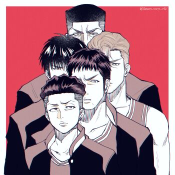 5boys akagi_takenori annoyed bare_shoulders basketball_jersey covered_mouth earrings furrowed_brow gakuran height_difference highres jacket jewelry long_sleeves looking_at_viewer male_focus mitsui_hisashi miyagi_ryouta monochrome multiple_boys n@na one_eye_covered outside_border pompadour queue red_theme rukawa_kaede sakuragi_hanamichi scar scar_on_face school_uniform short_hair simple_background single_earring slam_dunk_(series) sleeveless stud_earrings undercut upper_body
