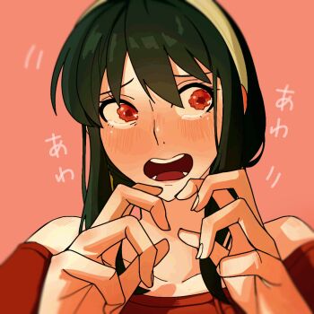 1girl bare_shoulders black_hair blush breasts cleavage commentary_request earrings gold_earrings hairband highres jewelry large_breasts long_hair looking_at_viewer ochi12_ta off-shoulder_sweater off_shoulder red_eyes red_sweater sidelocks solo spy_x_family sweater tearing_up white_hairband yor_briar