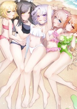 5girls :3 :d absurdres ahoge alternate_costume arm_behind_head armpits ass ayachi_nene bare_legs barefoot beach bikini black_bikini blonde_hair blue_eyes blush bow braid breast_press breasts brown_hair casual_one-piece_swimsuit cleavage closed_mouth commentary day english_commentary eyelashes eyes_visible_through_hair feet floral_print floral_print_one-piece_swimsuit frilled_arm_strap frilled_bikini frills from_above full_body furrowed_brow green_eyes green_one-piece_swimsuit grey_hair groin hair_between_eyes hair_bow hair_ornament hairband hairclip halterneck hand_on_another&#039;s_stomach hands_up highres inaba_meguru kariya_wakana knees_together_feet_apart large_breasts long_hair looking_at_viewer lying medium_breasts medium_hair multiple_girls navel o-ring o-ring_bikini o-ring_bottom off-shoulder_one-piece_swimsuit off_shoulder official_alternate_hairstyle on_side one-piece_swimsuit open_mouth orange_hair outdoors parallel_hairclips pink_bikini pink_hairband print_swimsuit purple_eyes red_bikini red_eyes sanoba_witch shiiba_tsumugi side-by-side small_breasts smile soles split_mouth stomach summer swimsuit symmetrical_docking thighs toenails toes togakushi_touko twin_braids two_side_up tyama_taka v v_over_mouth very_long_hair white_bikini white_bow yellow_eyes ||/
