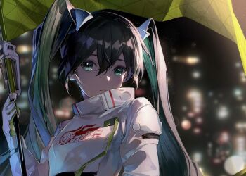 1girl black_bodysuit black_gloves blurry blurry_background bodysuit close-up closed_mouth commentary_request flag gloves goodsmile_company goodsmile_racing green_eyes green_hair hair_between_eyes hair_ornament hatsune_miku holding holding_flag jacket karasuro long_hair night official_alternate_costume racing_miku racing_miku_(2022) solo twintails very_long_hair vocaloid white_jacket