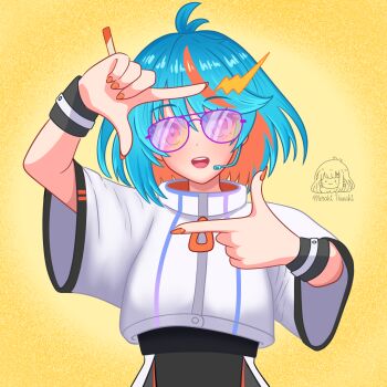 Rule 34 | 1girl, ahoge, black skirt, blue hair, blush, finger frame, framing gesture, futuristic outfit, glasses, hair ornament, hairclip, headset, highres, indie virtual youtuber, lightning bolt symbol, looking at viewer, meraki hanaki, michi (vtuber), microphone, multicolored hair, nail polish, non-web source, open mouth, round eyewear, shirt, short hair, signature, simple background, skirt, solo, upper body, virtual youtuber, white shirt, wide sleeves, yellow background