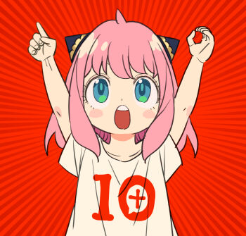 Rule 34 | 1girl, :o, ahoge, anya (spy x family), aqua eyes, arms up, blush stickers, clothes writing, endou tatsuya, hairpods, highres, medium hair, open mouth, pink hair, red background, shirt, solo, spy x family, t-shirt, teeth, upper teeth only, white shirt