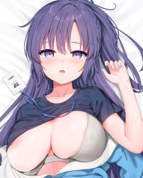 1girl areola_slip bed_sheet black_shirt blue_archive blue_eyes blush bra breasts comiket_107 commentary_request dakimakura_(medium) grey_bra gym_shirt gym_uniform highres lanyard large_breasts long_hair looking_at_viewer lying nipple_slip nipples no_halo on_back open_mouth purple_eyes purple_hair shirt short_sleeves solo star_(symbol) star_sticker sticker sticker_on_face sune_(mugendai) underwear yuuka_(blue_archive) yuuka_(track)_(blue_archive)