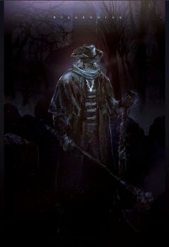 1boy axe bare_tree black_capelet black_coat black_hat black_pants blood blood_on_axe bloodborne bloody_weapon building capelet chain chain_necklace church coat commentary_request copyright_name dark father_gascoigne fence graveyard grey_hair grey_scarf hat holding holding_axe holding_limb holding_weapon iron_fence jewelry male_focus narita_imomushi necklace necktie open_clothes open_coat outdoors pants scarf severed_arm severed_limb solo standing tombstone tree weapon