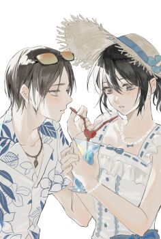 1boy 1girl absurdres bare_shoulders black_hair blue_flower bow breasts brown_hair couple cup dress dress_bow eren_yeager eyewear_on_head flower food fruit grey_hair hair_between_eyes hat hat_flower hawaiian_shirt hetero highres holding holding_cup jewelry lemon lemon_slice light_blush looking_at_another medium_breasts mikasa_ackerman necklace parted_bangs parted_lips pearl_necklace ponytail print_shirt shared_straw shingeki_no_kyojin shirt shnyng11856 short_hair straw_hat sunglasses sweatdrop tropical_drink upper_body white_background white_dress