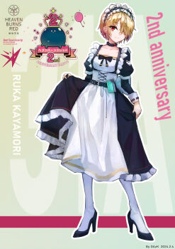 Rule 34 | 1girl, absurdres, alternate costume, anniversary, apron, artist name, black bow, black bra, black choker, black shoes, blonde hair, bow, bra, character name, chinese commentary, choker, closed mouth, collarbone, commentary request, copyright name, dated, dazk, dress, dress bow, enmaided, frilled apron, frilled dress, frilled hairband, frills, full body, green background, hair ornament, hair over one eye, hairband, hairclip, heaven burns red, high heels, highres, juliet sleeves, kayamori ruka, lolita hairband, long bangs, long dress, long sleeves, looking at viewer, maid, maid apron, narby (heaven burns red), one eye covered, outline, pantyhose, parallel hairclips, puffy sleeves, red eyes, shoes, short hair, simple background, skirt hold, smile, solo, standing, underwear, white apron, white outline, white pantyhose