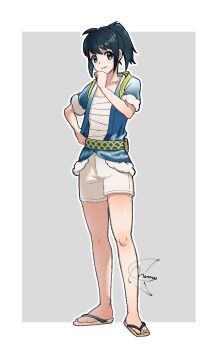 1boy bandaged_chest black_hair blue_jacket border closed_mouth commentary full_body fur-trimmed_jacket fur_trim grey_background hand_on_own_hip hand_up highres jacket knees male_focus meru_merume603 nintendo outside_border pokemon pokemon_legends:_arceus ponytail rei_(pokemon) sandals short_sleeves shorts signature smile solo standing toes white_border white_shorts