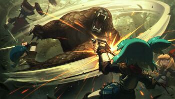 4girls absurdres animal_ears armor battle black_gloves blonde_hair blue_eyes blue_hair commentary cyclops edda_(porforever) english_commentary fangs fingerless_gloves gloves green_hair hair_ribbon highres holding holding_mace holding_sword holding_weapon leather_armor mace monster mouse_ears mouse_girl mouse_tail multiple_girls one-eyed original porforever red_ribbon relica_(porforever) ribbon sharp_teeth shoulder_armor side_ponytail sword tail teeth vambraces weapon