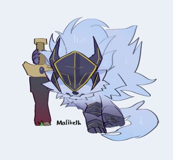 1boy armored_gloves armored_legwear character_name chibi claws commentary elden_ring english_commentary english_text fangs furry furry_male grey_fur grey_hair highres holding holding_sword holding_weapon horned_mask loss_kim male_focus maliketh_the_black_blade mask no_eyes sword tail weapon white_background wolf wolf_tail