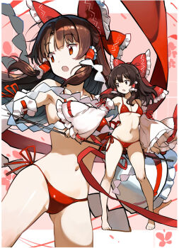 1girl :o alternate_costume asakura_maru bikini bow breasts brown_eyes brown_hair cherry_blossoms commentary_request cowboy_shot detached_sleeves full_body gohei hair_bow hair_tubes hakurei_reimu highres holding holding_gohei long_hair lowleg lowleg_bikini medium_breasts navel open_mouth red_bikini red_bow side-tie_bikini_bottom solo swimsuit touhou zoom_layer