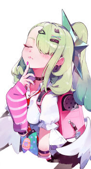 Rule 34 | 1girl, absurdres, arm warmers, bag, black choker, black skirt, blush, breasts, choker, chongchongbao mushi, closed eyes, commentary request, finger to own chin, green hair, hair ornament, hairclip, highres, leg warmers, long hair, necktie, pink bag, pink leg warmers, red necktie, school uniform, shirt, simple background, skirt, small breasts, solo, sunna (zenless zone zero), white background, white shirt, white wings, wings, zenless zone zero