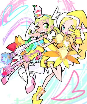 Rule 34 | ;d, absurdres, asuka momoko, berry, blonde hair, blue eyes, boots, bourbunbun, cake hair ornament, commentary, cure parfait, drawn heart, dress, earrings, english commentary, food, food-themed hair ornament, fruit, gloves, green eyes, hair ornament, hair rings, hat, highres, jewelry, kirahoshi ciel, kirakira precure a la mode, kiwi (fruit), lemon, magical girl, ojamajo doremi, one eye closed, open mouth, orange (fruit), parfait, pearl choker, pearl earrings, pointy boots, precure, rainbow, rainbow dress, smile, sweet pollon, toei company, v, white boots, white gloves, white tail, white wings, wings, yellow boots, yellow dress, yellow gloves, yellow hat, yellow theme