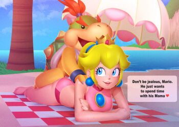 1boy 1girl bikini blonde_hair blue_eyes bowser_jr. breasts cameltoe crown english_text gbumop interspecies lying mario_(series) medium_breasts navel nintendo ocean on_stomach outdoors pink_bikini ponytail princess_peach stomach swimsuit