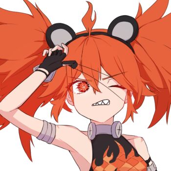 1girl ahoge animal_ears bare_shoulders bear_ears black_gloves breasts commentary_request crop_top eyepatch fake_animal_ears fingerless_gloves gloves hair_between_eyes hair_ornament jiuni koleda_belobog long_hair looking_at_viewer navel red_eyes red_hair solo sphere_hair_ornament twintails zenless_zone_zero