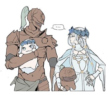 ... 1boy 1girl :3 armor closed_mouth commentary_request creature doro_(nikke) dress elden_ring elden_ring_nightreign executor_(elden_ring) flower_wreath full_armor grey_dress grey_hair hand_on_own_hip head_wreath helmet holding holding_creature long_hair looking_at_another looking_to_the_side papamilk revenant_(elden_ring) simple_background spoken_ellipsis white_background
