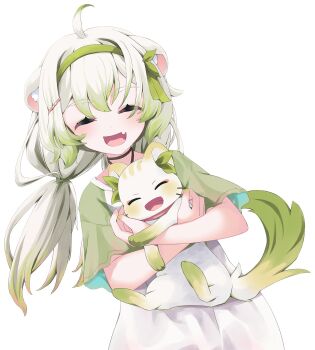 Rule 34 | 1girl, ahoge, animal, animal ears, animal hug, closed eyes, commentary, english commentary, fearinota, ferret, ferret ears, ferret girl, ferret tail, gradient hair, green hair, green tail, hairband, highres, indie virtual youtuber, jewelry, limealicious, limon (limealicious), multicolored hair, necklace, open mouth, shirt, smile, tail, twintails, two-tone hair, vinesauce, virtual youtuber, white background, white hair, white shirt