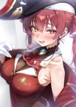 Rule 34 | 1girl, :d, armpit crease, bicorne, black choker, black hat, blush, breasts, choker, coat, commentary, cropped jacket, frilled choker, frills, gloves, gold trim, hat, heterochromia, highres, hololive, houshou marine, houshou marine (1st costume), jacket, large breasts, leotard, leotard under clothes, long hair, looking at viewer, nyarurato0debu, off shoulder, open mouth, pirate hat, red coat, red eyes, red hair, red jacket, sidelocks, sleeveless, sleeveless jacket, smile, solo, twintails, upper body, virtual youtuber, white gloves, yellow eyes