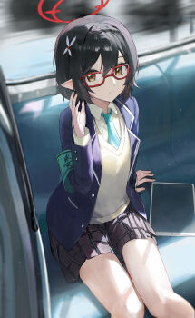 1girl absurdres aqua_necktie ayane_(blue_archive) black_hair blue_archive chinese_commentary commentary_request hair_ornament halo highres jianjia necktie plaid_clothes plaid_skirt pointy_ears red-framed_eyewear red_halo short_hair sitting skirt smile tablet_pc train train_interior yellow_eyes