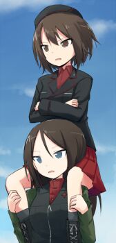 Rule 34 | 10s, 2girls, black hat, black jacket, black vest, blue eyes, brown hair, carrying, cloud, cloudy sky, crossed arms, day, dress shirt, emblem, garrison cap, girls und panzer, green jacket, hat, jacket, kakizaki (chou neji), kuromorimine military uniform, long hair, long sleeves, military, military hat, military uniform, miniskirt, multiple girls, nishizumi maho, nonna (girls und panzer), outdoors, parted lips, pleated skirt, pravda military uniform, red shirt, red skirt, shirt, short hair, shoulder carry, skirt, sky, standing, swept bangs, turtleneck, vest