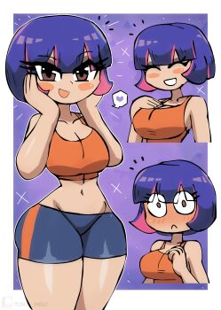 1girl absurdres bike_shorts black_bike_shorts blizzard_(company) blush breasts brown_eyes cleavage closed_eyes collarbone grin hand_on_own_chest hands_on_own_face heart highres juno_(overwatch) large_breasts looking_at_viewer midriff multicolored_hair multiple_views navel open_mouth orange_shirt overwatch overwatch_2 pink_hair purple_background purple_hair shirt short_hair smile sparkle speech_bubble spoken_heart standing streaked_hair surprised tank_top teeth thick_thighs thighs tony_welt upper_body wide_hips